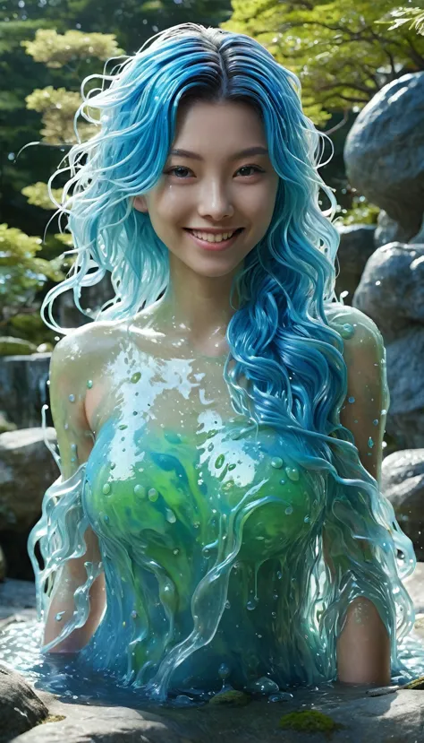 slime girl, ((slime)), slime hair, translucent, blue, monster girl,full figure,standing on a rock in a japanese garden, masterpi...