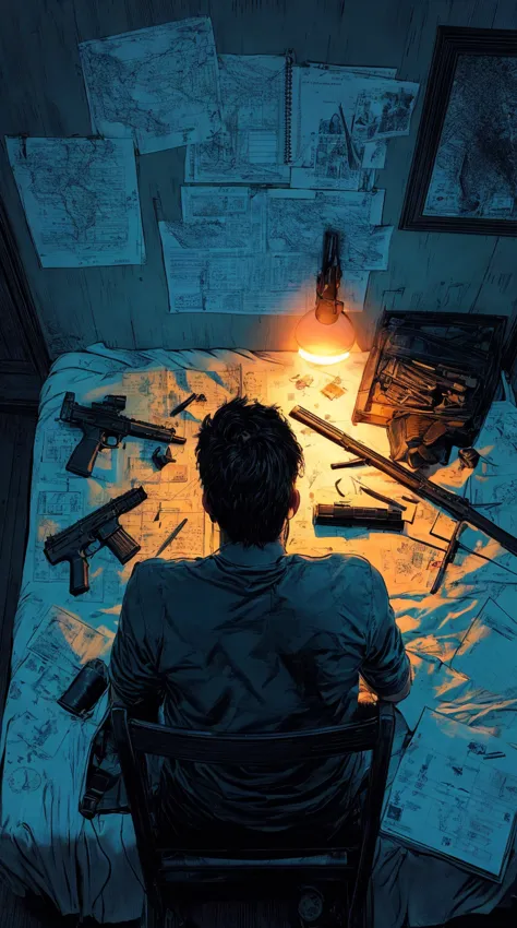 (best quality, photorealistic, ultra-detailed:1.2), overhead view, an assassin is sitting on a chair beside the bed, night light is on, the room is dimly lit, on the bed there's a disassembled sniper rifle, hand guns, throwing knives, a dagger, and a few documents, the wall behind him is filled with notes and maps for his assassination plan, photorealistic comic illustration