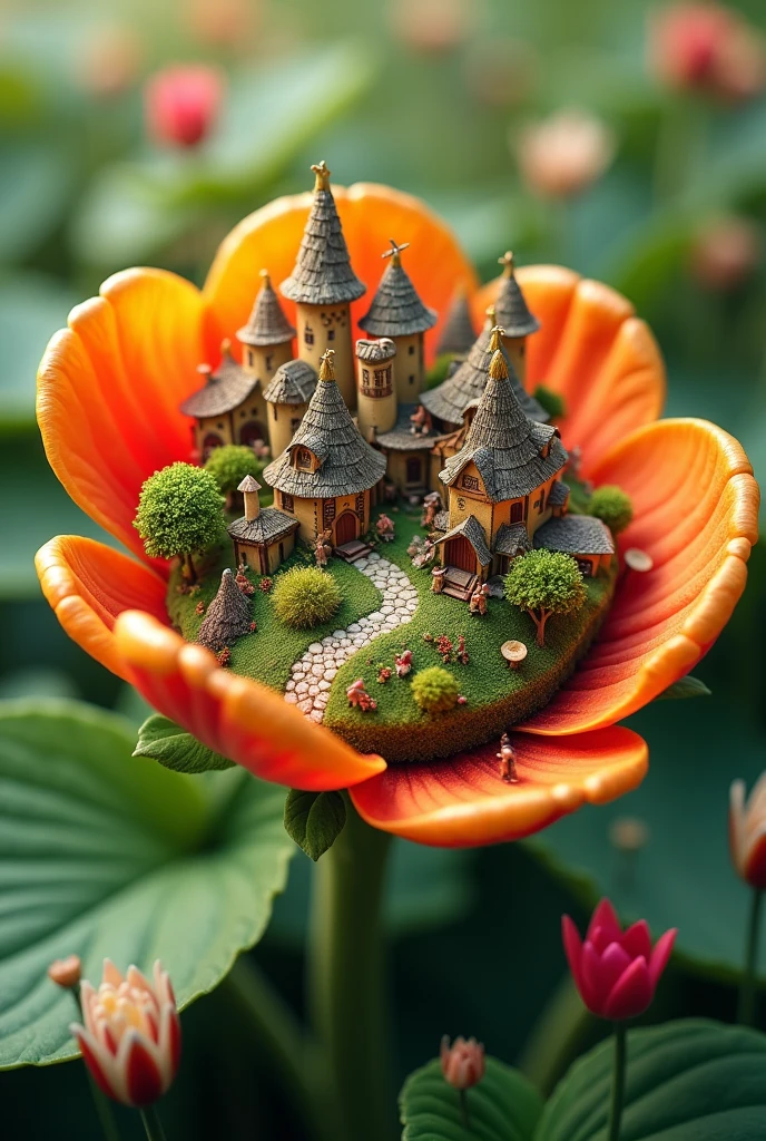 Macro image shows a little village on top of a flower