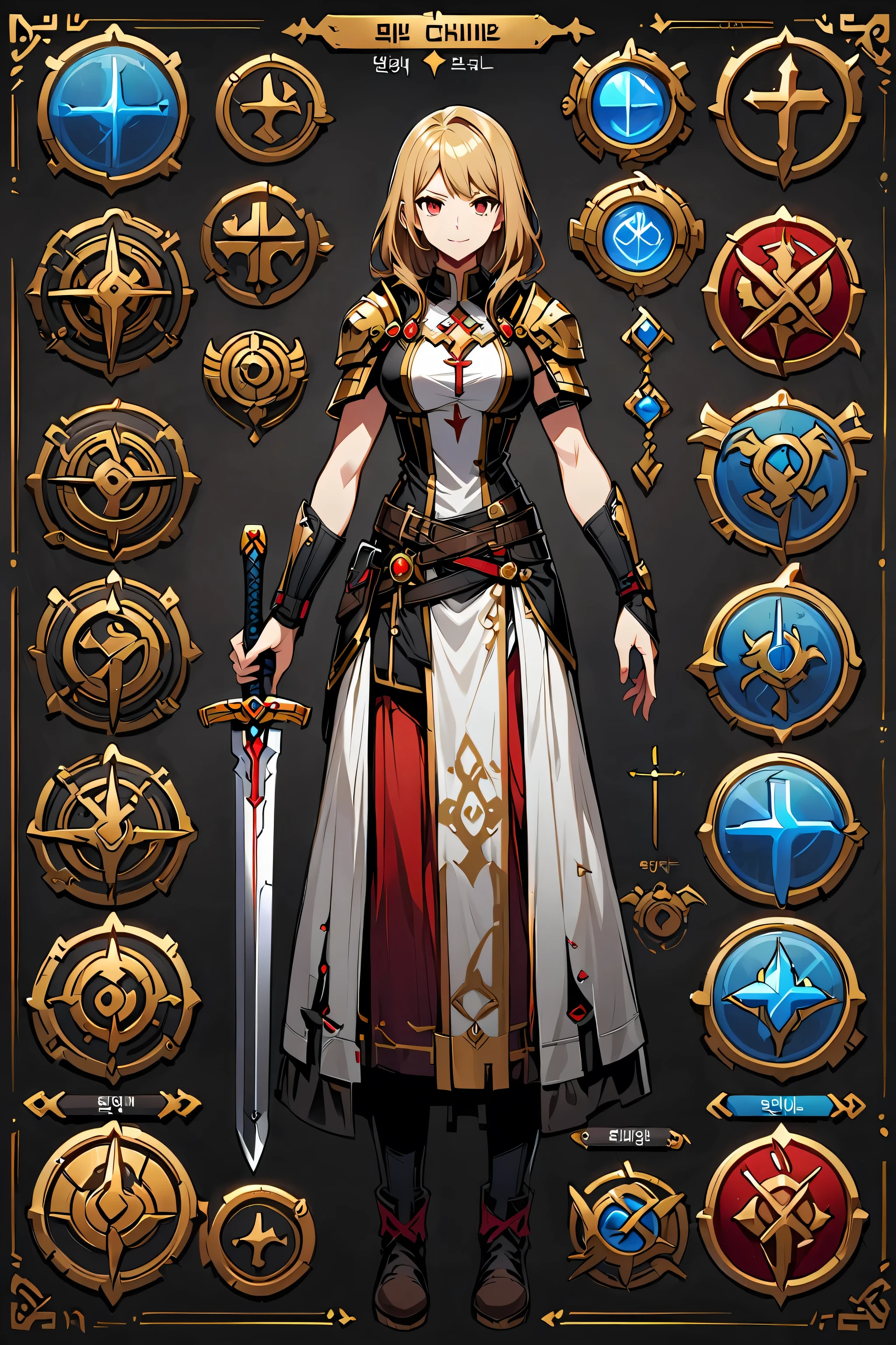 Clergy presentation, Female character design sheet for video games with detailed accessories, Boots, Multiple icons, Korean style,Weapon design, One-handed sword