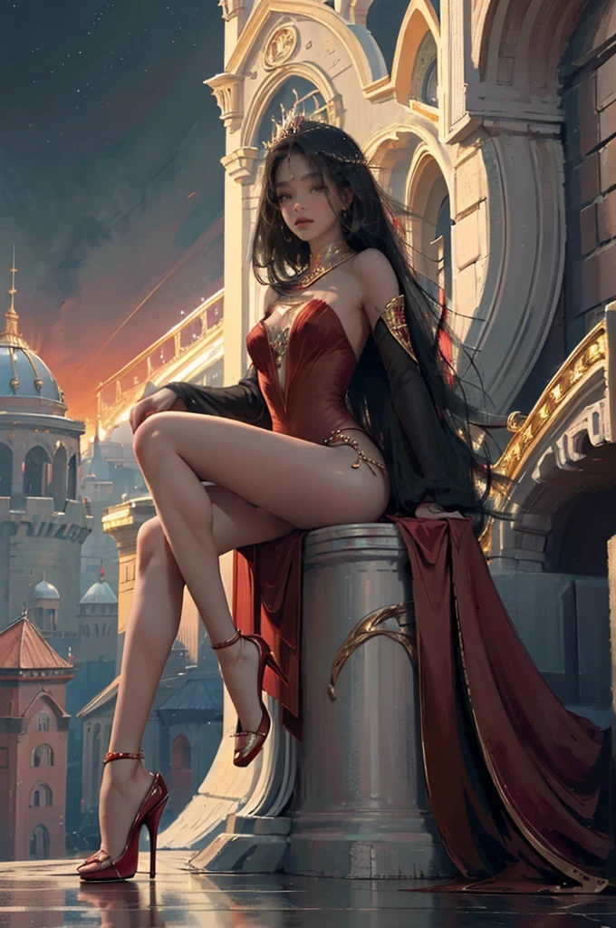 ((aeolian)), 1 girl, beautiful face, Princess, (wearing a red gown with no underwear), very long black hair, slim body with long legs, shiny skin, castle background, wearing high heels, full body view, sitting on throne with legs pulled up against her chest