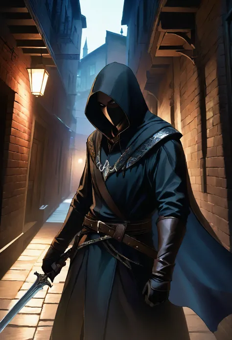 a skilled assassin, dark hooded cloak, sharp detailed dagger, weathered leather gloves, stealthy movements, dimly lit alley, dra...