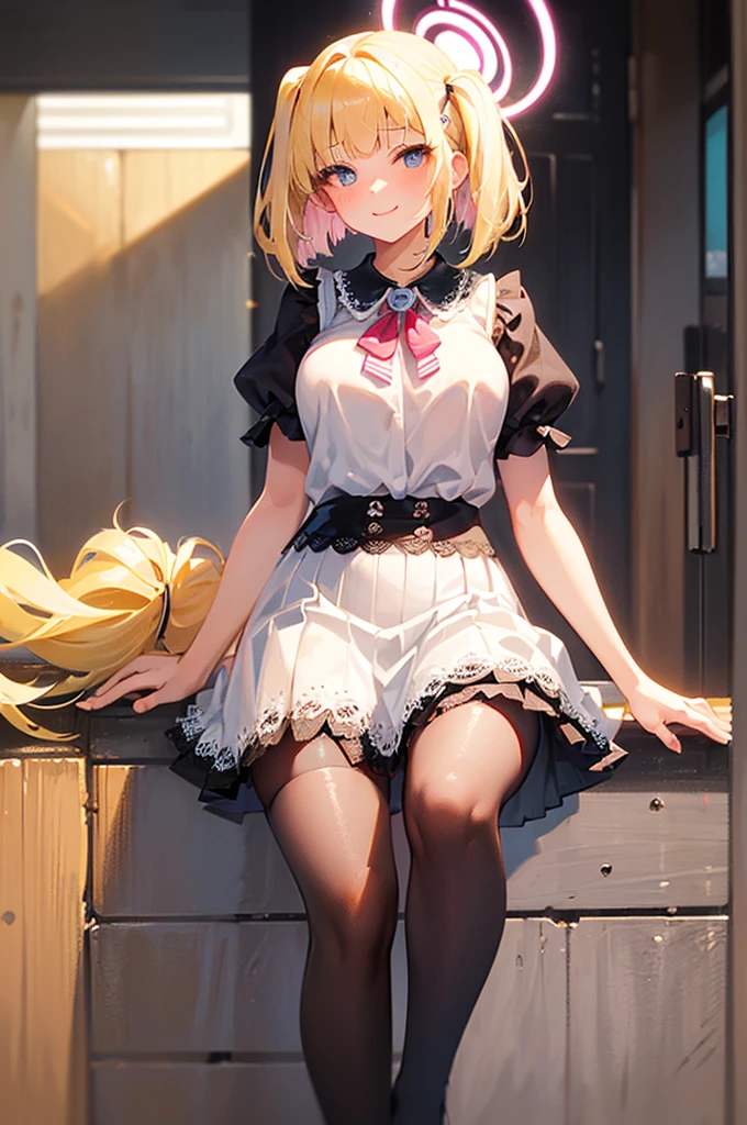 (((Half-up hair))), (Brown eyes), (White gal), (High school girl), (Cute smile), (Blonde hair), (Black short sleeves (Lace sleeves), (Flared skirt), (Beautiful eyes, 1,5), (Slut)