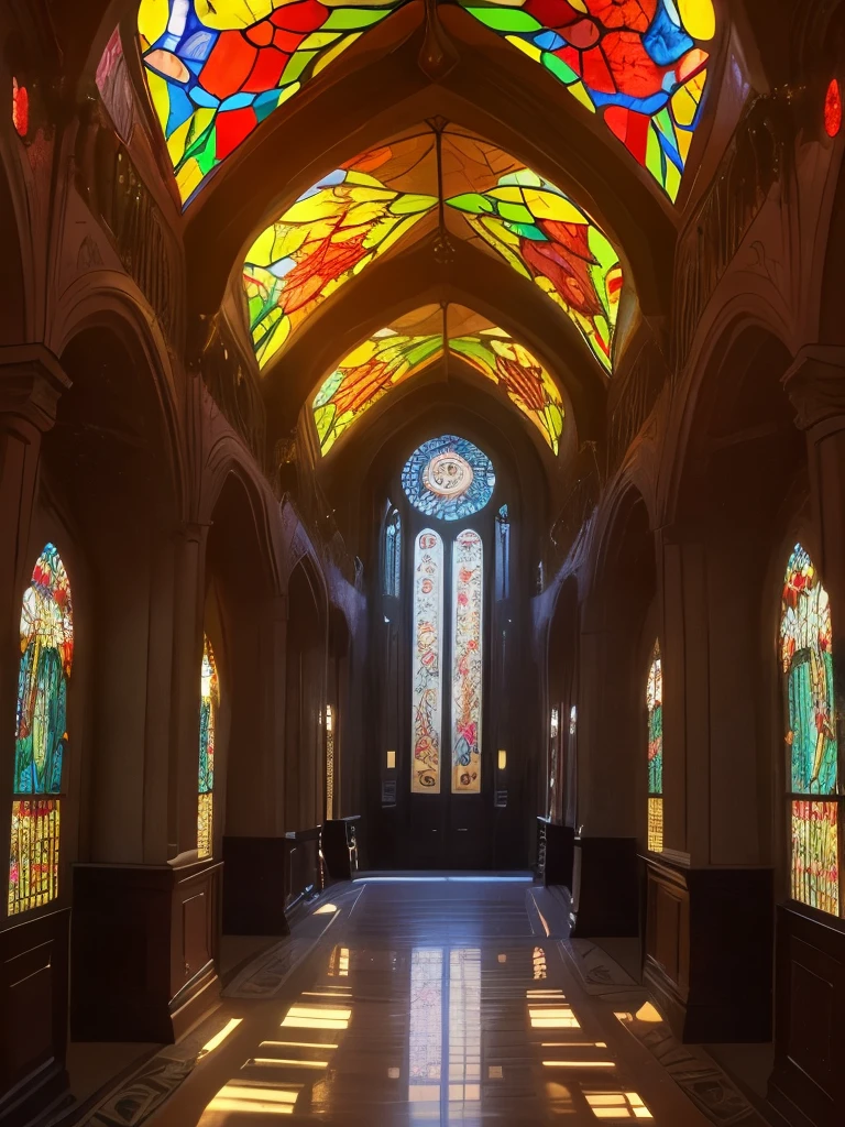 a close up of a walkway with a colorful glass roof, a mosaic by Louis Comfort Tiffany, flickr, art nouveau, stained glass!!, beautiful glass work, stained glass art, intricate stained glass, colorful glass wall, stained glass window!!!!!, magical colours and atmosphere, magical colors and atmosphere, backlit stained glass, beautiful stained glass window, stained glass, fairy tale place