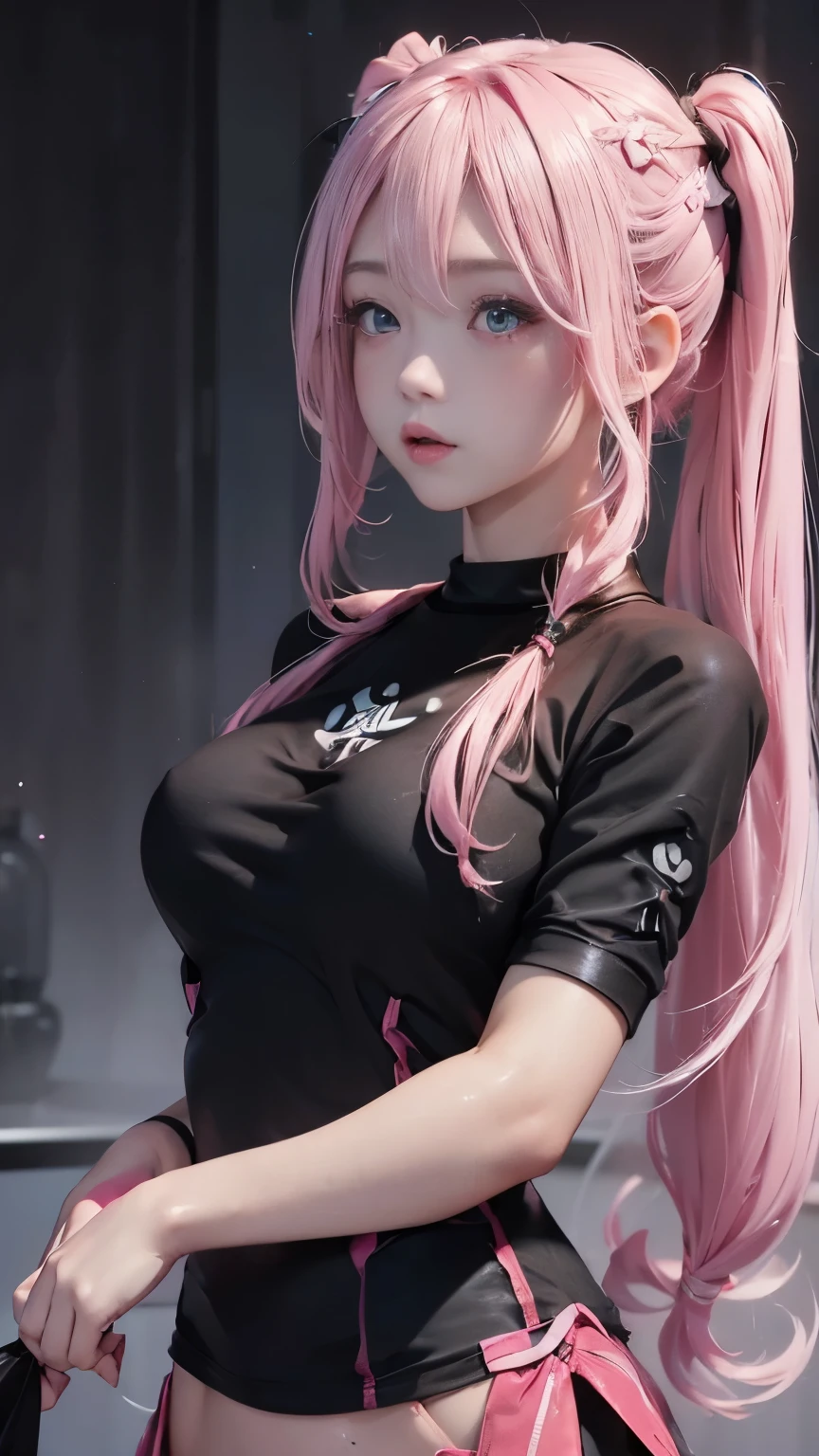 ((Upper body photo))、Cute Face、Pink Hair、Long Hair、Twin tails、White skin、((Photographed from the front:1.5 ))、((Tight black t-shirt:1.5)), ((Big Breasts)),masterpiece