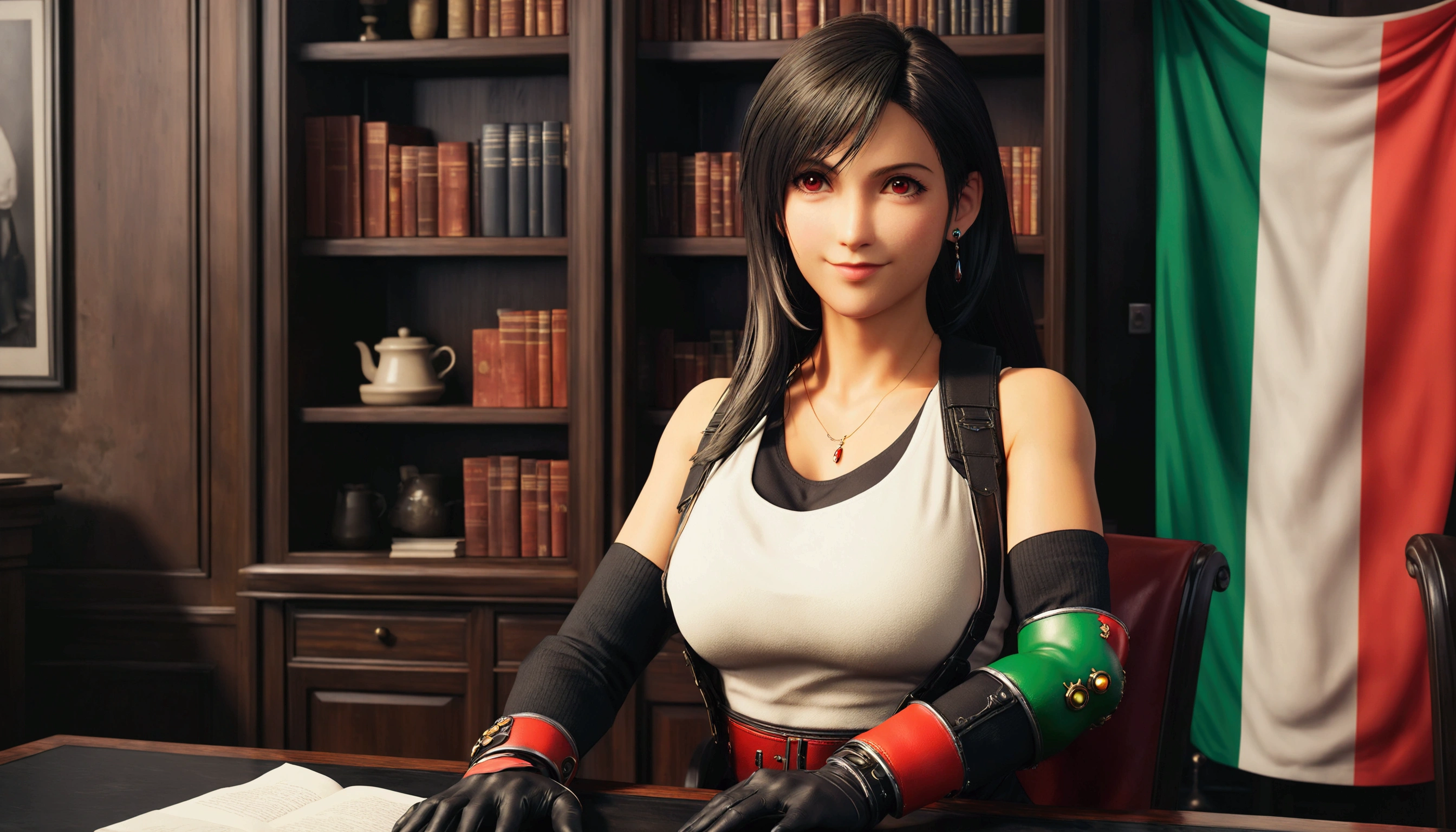 8k,wallpaper of extremely detailed CG unit, ​masterpiece,hight resolution,top-quality,top-quality real texture skin,hyper realisitic,increase the resolution,RAW photos,best qualtiy,highly detailed,the wallpaper,cinematic lighting,ray trace,golden ratio, BREAK ,1girl\(TIFA LOCKHART\(FINAL FANTASY VII REMAKE\),wearing well-tailored expensive tailor-made suit,red eyes, black hair, low-tied long hair, earrings,arm warmers, black elbow gloves, elbow pads, red gloves, big breast,smiling peacefully to the viewer, beautiful, elegance\), the EU flag and (Italy flag:1.3), seated at a heavy table and chair in the (Italian president's office),a magnificent bookshelfs with many big hardcover books behind,3D