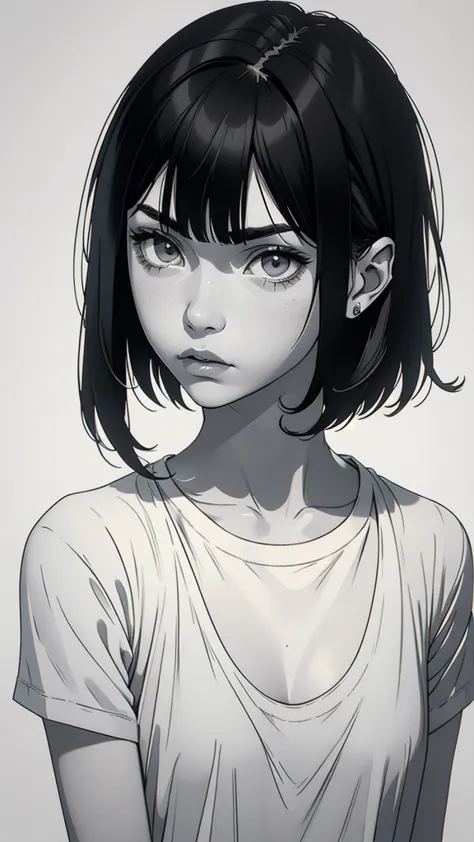 1 boyish girl, solo, sharp eyes, (monochrome), (greyscale), light from the left, perfect contrast, shoulder length black bangs h...