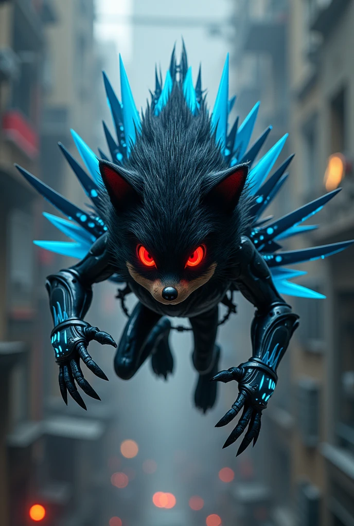 Black hedgehog with a tattered cape, it is a killer, with red eyes, sharp knives all over its body emitting blue light, it looks very technological, jumping from the upstairs, diving down, professional photo, best quality, masterpiece