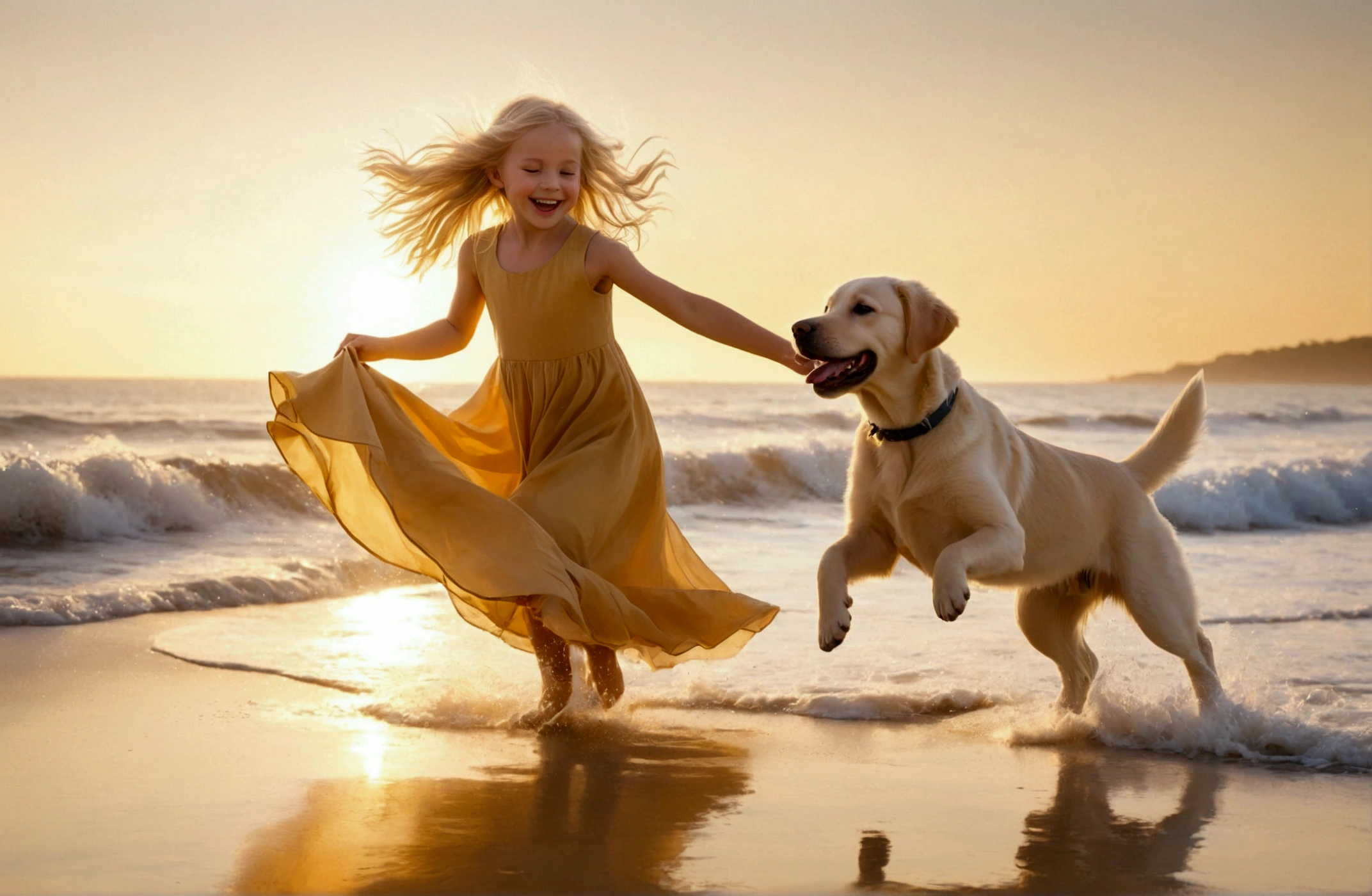 On a sunny beach with soft, golden sand and gentle waves in the background, a joyful young girl with long, flowing blonde hair dances playfully with a lively Labrador puppy. The girl is wearing a light, flowing dress that moves with the breeze, and her laughter is contagious as she spins around. The Labrador puppy, full of energy and excitement, jumps and twirls alongside her, its tail wagging enthusiastically. The sunlight reflects off the water, casting a warm glow over the scene, creating a moment filled with pure happiness and carefree fun."