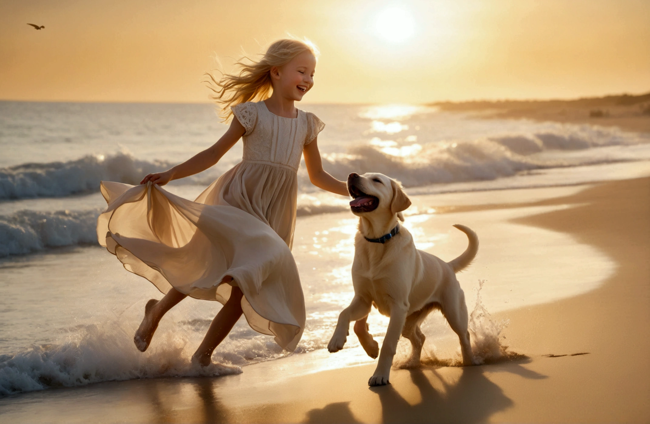 On a sunny beach with soft, golden sand and gentle waves in the background, a joyful young girl with long, flowing blonde hair dances playfully with a lively Labrador puppy. The girl is wearing a light, flowing dress that moves with the breeze, and her laughter is contagious as she spins around. The Labrador puppy, full of energy and excitement, jumps and twirls alongside her, its tail wagging enthusiastically. The sunlight reflects off the water, casting a warm glow over the scene, creating a moment filled with pure happiness and carefree fun."