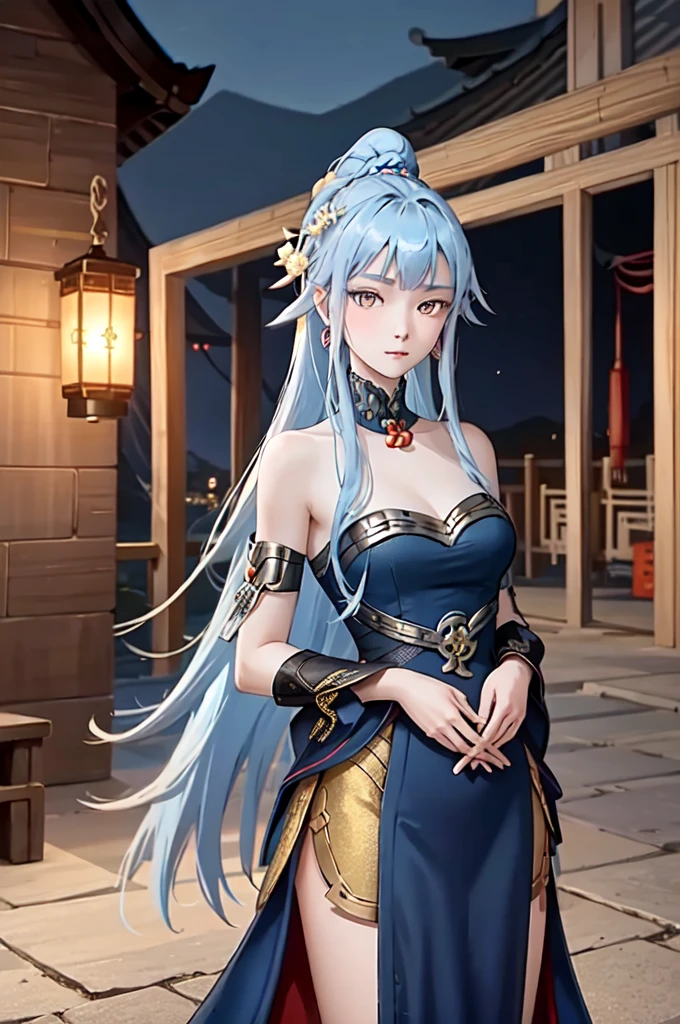 1girl, solo, long hair, looking at viewer, hair ornament, (big breasts and exposed breasts), dress, bare shoulders, closed mouth, blue hair, yellow eyes, braid, artist name, a slim navel, blue dress, chinese clothes, china dress, light blue hair,, Jordyn Huitema, (masterpiece,best quality:1.5), (masterpiece,best quality:1.5), Chinese imperial palace, feudal China, stand upright and relax both arms, wooden castle, lake, (lantern), sparkling, (masterpiece,best quality:1.5), (masterpiece,best quality:1.5)