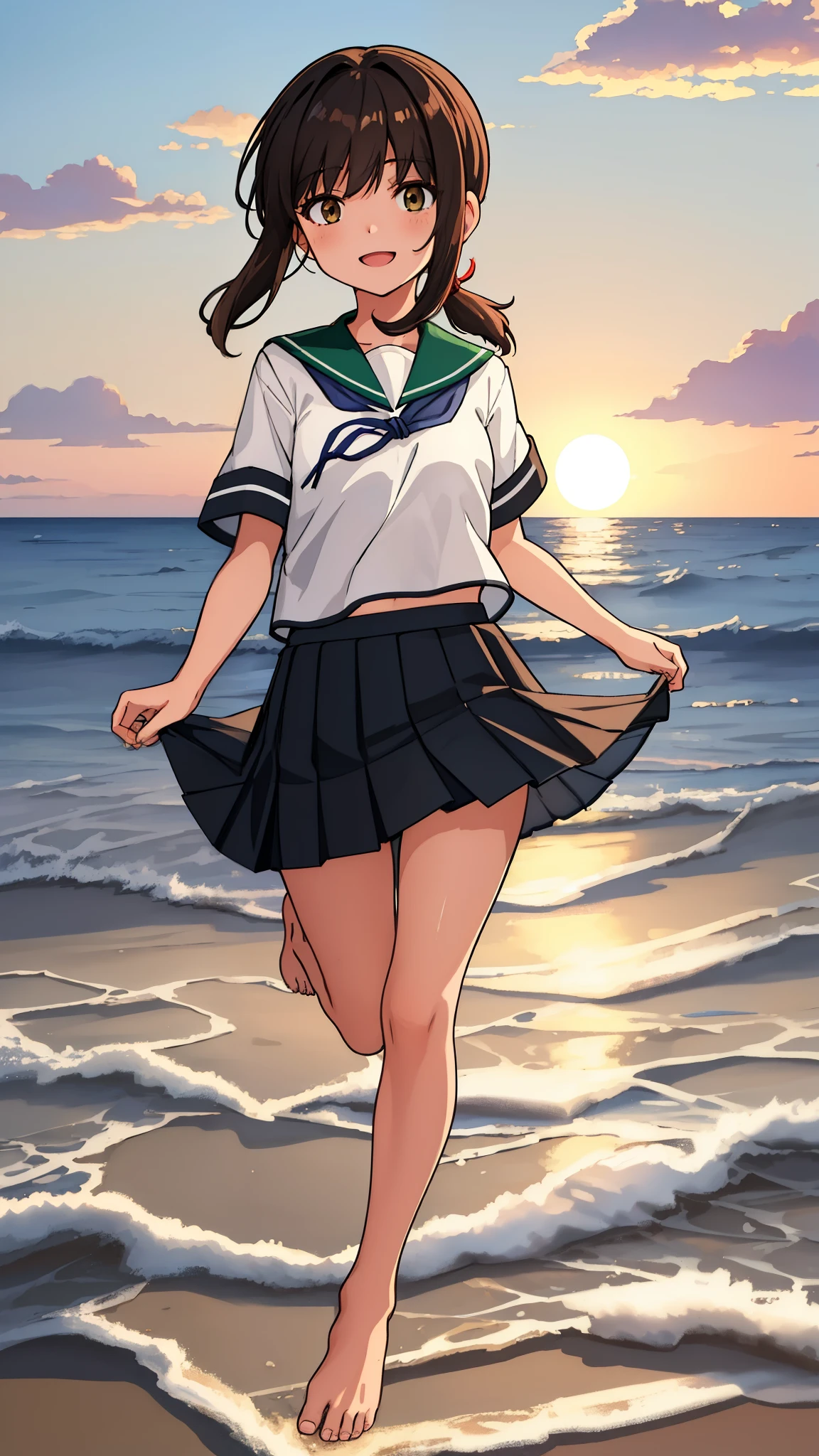 (masterpiece, best quality:1.2),illustration,8k,HD,Seaside,Sunset sky,1girl,solo,brown eye,barefoot,(portrait:1.2),black_hair,short_ponytail,white seraph,sidelocks,low_ponytail,green_eyes,smile,black_eyes,school_uniform,pleated_skirt,skirt,