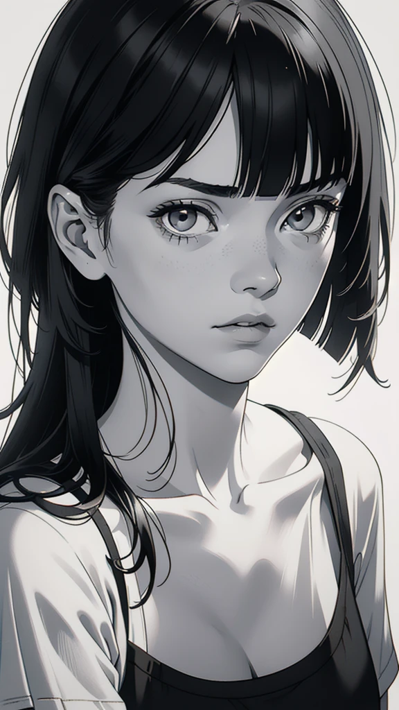 1 boyish girl, solo, sharp eyes, (monochrome), (greyscale), (Light from the left), perfect contrast, shoulder length black bangs hair, portrait, (blank normal white T-shirt), Thin eyebrows, closed mouth, looking at viewer, detailed lips, hatching \(texture\), without makeup, upper body, (best illustration), (best quality), (very detailed), (masterpiece), expressionless,