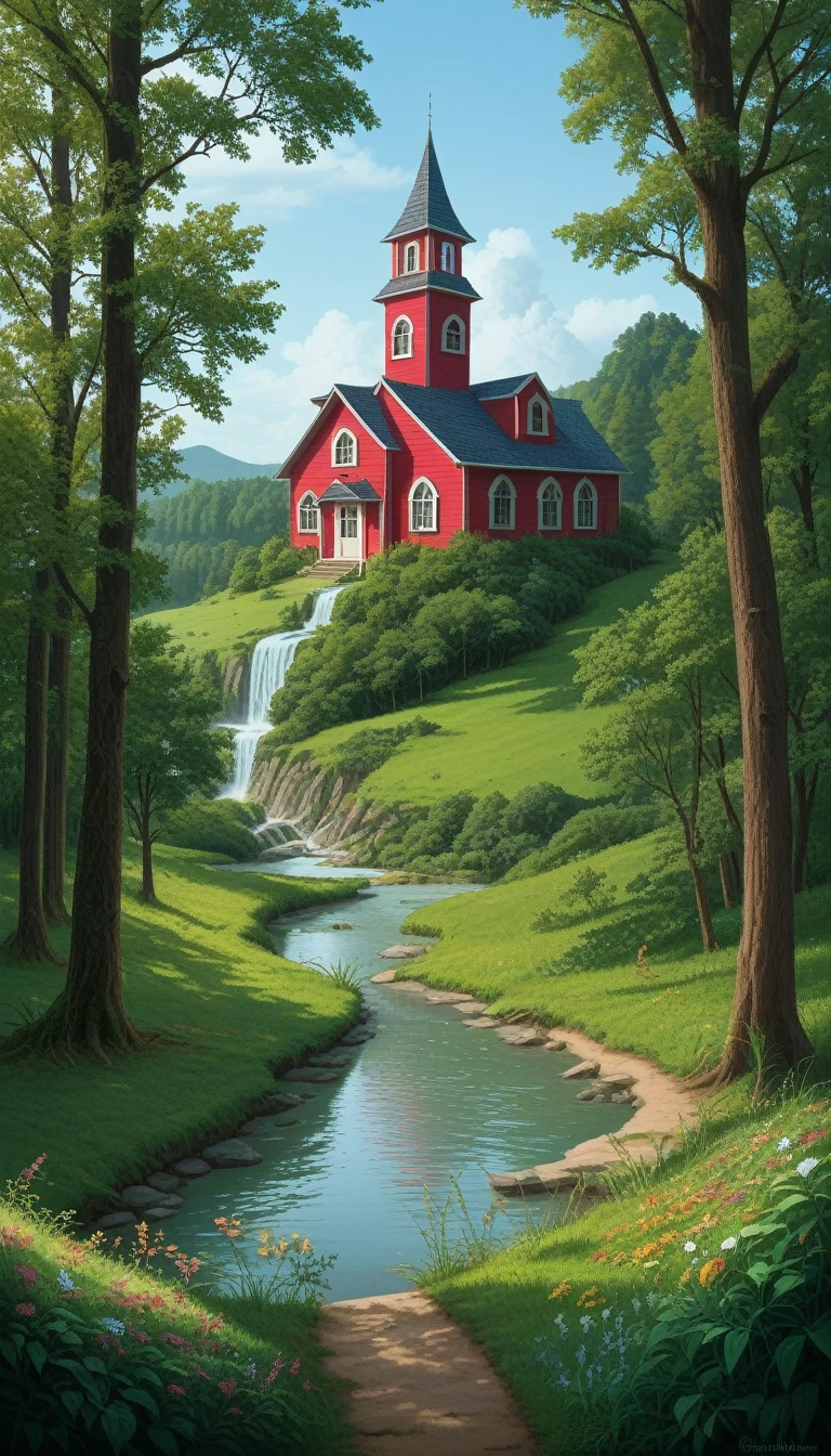 A stunning countryside house set in a picturesque natural landscape, surrounded by vibrant greenery and rolling hills. The house has a charming rustic design with wooden beams, large windows, and a cozy porch that overlooks a serene, crystal-clear stream. Ducks glide smoothly across the water, creating gentle ripples as they swim. In the distance, a lush meadow stretches across the landscape, where cows graze peacefully under the warm sunlight. The entire scene is framed by tall, majestic trees, with wildflowers blooming along the edges of the stream. The sky is a perfect blue, with soft, fluffy clouds drifting lazily overhead, enhancing the tranquil and harmonious atmosphere of this idyllic retreat