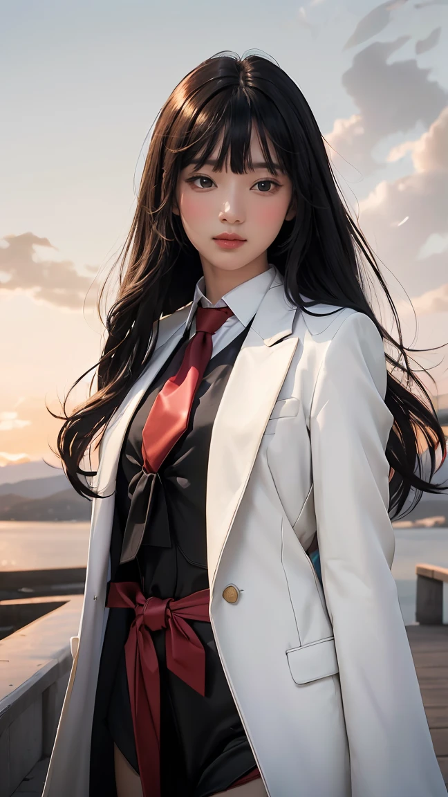 ((Masterpiece, best quality, very detailed), Volumetric light, surrounding occlusion, Rich and colorful, glow), 1 woman, lonely, young girl, (Black bangs), long hair, radius, wind energy, sacred, goddess, CEO vibe, (black coat, White suit with Red necktie:1.3), armor, outdoor, sunset, sky, cloud, space, (Fantasy Theme:1.2),