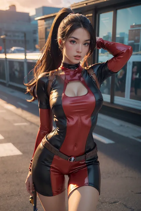 (((3d,cgi))) “cartoon art-style” realistic portrait of a sexy and busty female superhero character in the style of deadpool, i h...