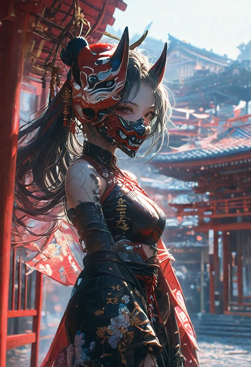 Earrings、hair ornaments、An image of a female android wearing a kimono dress and a fox mask strolling through a Kyoto shrine has been created。The style is also terrible.、人間とrobotの融合は美しさの中に神秘的でSpooky atmosphereがある。Torii gate in the background、There is a shrine in Kyoto。機械でできたLong neckを持ち、Wearing a fox mask。Imagine a strange and creepy picture - Al 9:16。 Spooky atmosphere、Fusion、Horror、Japanese cityscape、Long neck、robot、at 6