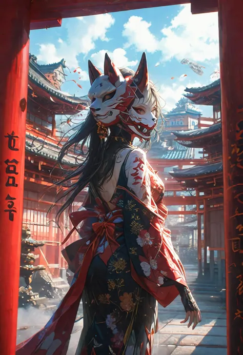 earrings、hair ornaments、an image of a female android wearing a kimono dress and a fox mask strolling through a kyoto shrine has ...