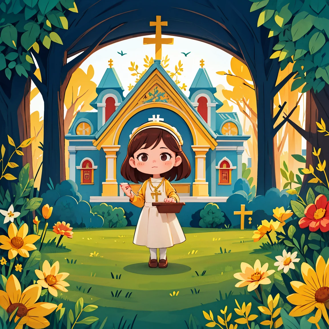 A girl during her first communion at a Catholic church, with beautiful brown hair. (best quality, detailed), church setting, traditional Catholic attire, serene expression, golden sunlight, elegant dress, floral decorations, specific architectural details, cross necklace, communion host.