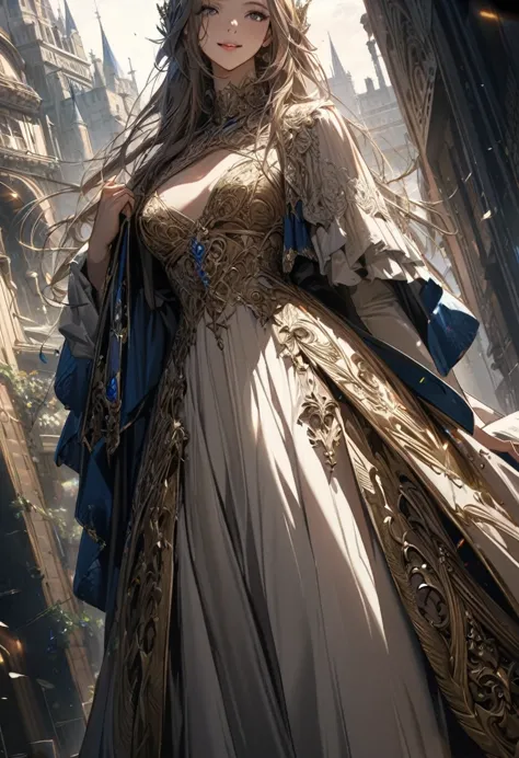 anime style、full body shot,a beautiful 1 woman、smile、 medieval fantasy inspiration, elegant dress with a luxurious frock coat an...