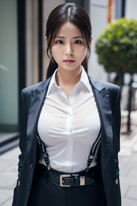 a woman in a suit, belt, hands behind back, sweating, suspenders, black pants, sexly, large breasts, see-through clothing, rain,...