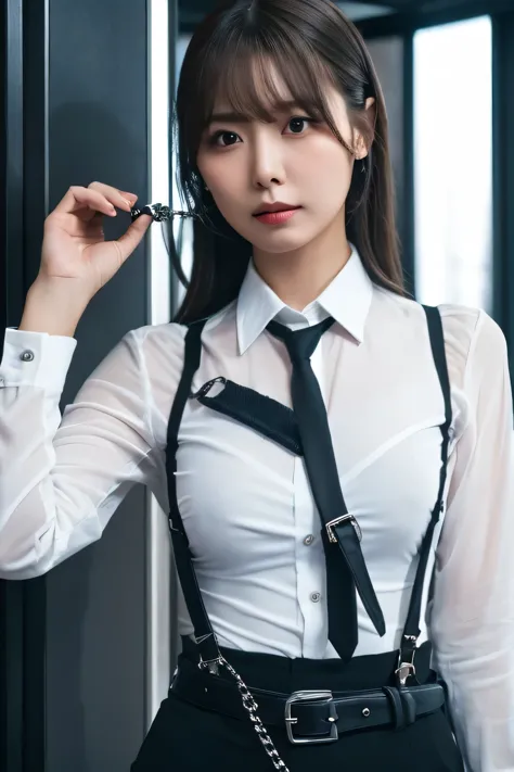 a woman in a suit, belt, hands behind back, sweating, suspenders, black pants, sexly, large breasts, see-through clothing, rain,...