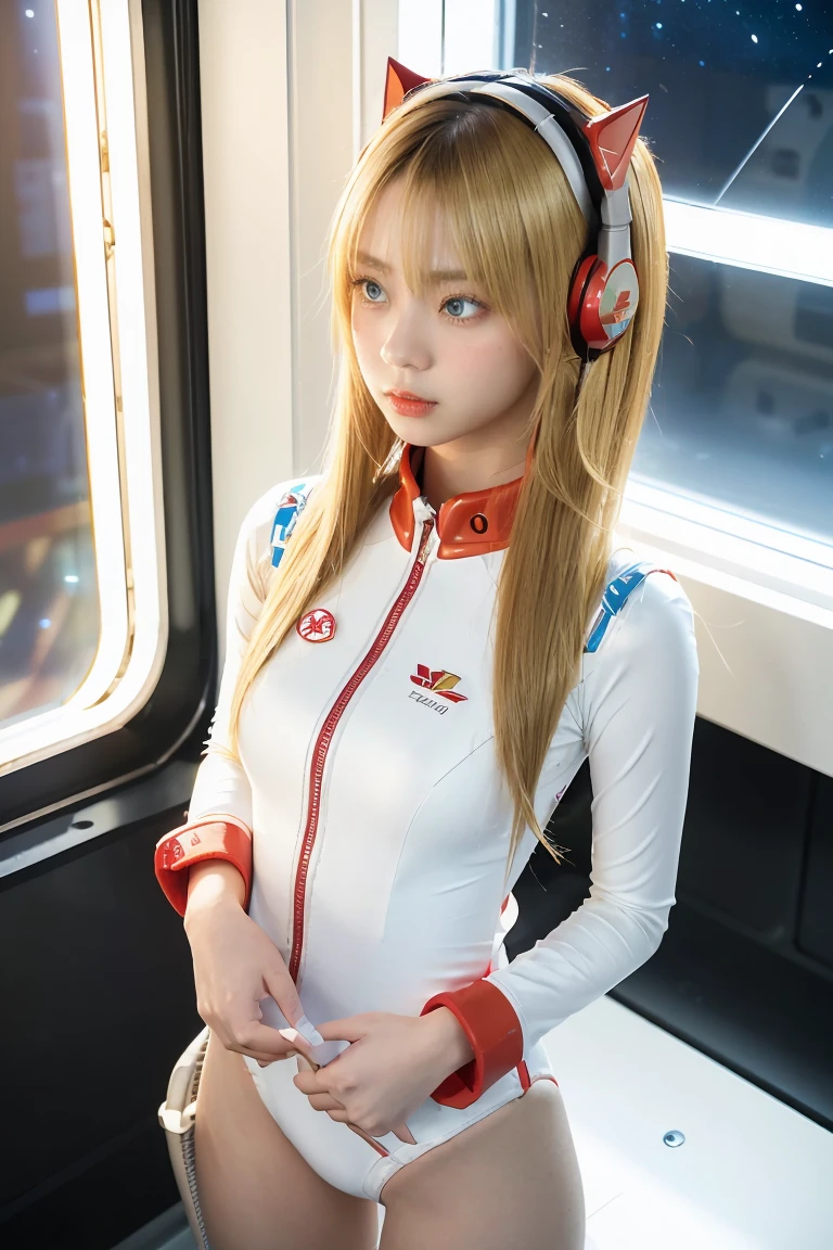 (Overhead view),dynamic angle,ultra-detailed, illustration, close-up, straight on, 1girl, 
 ((souryuu asuka langley, interface headset, red bodysuit:1.4, blonde)),Her eyes shone like dreamy stars,(glowing eyes:1.233),(beautiful and detailed eyes:1.1),(expressionless,closed mouth),(standing), 
(mechanic room with toolsand spaceship windowin a white SPACESHIP),
(night:1.2),dreamy, [[delicate fingers and hands:0.55]::0.85],(detail fingers),