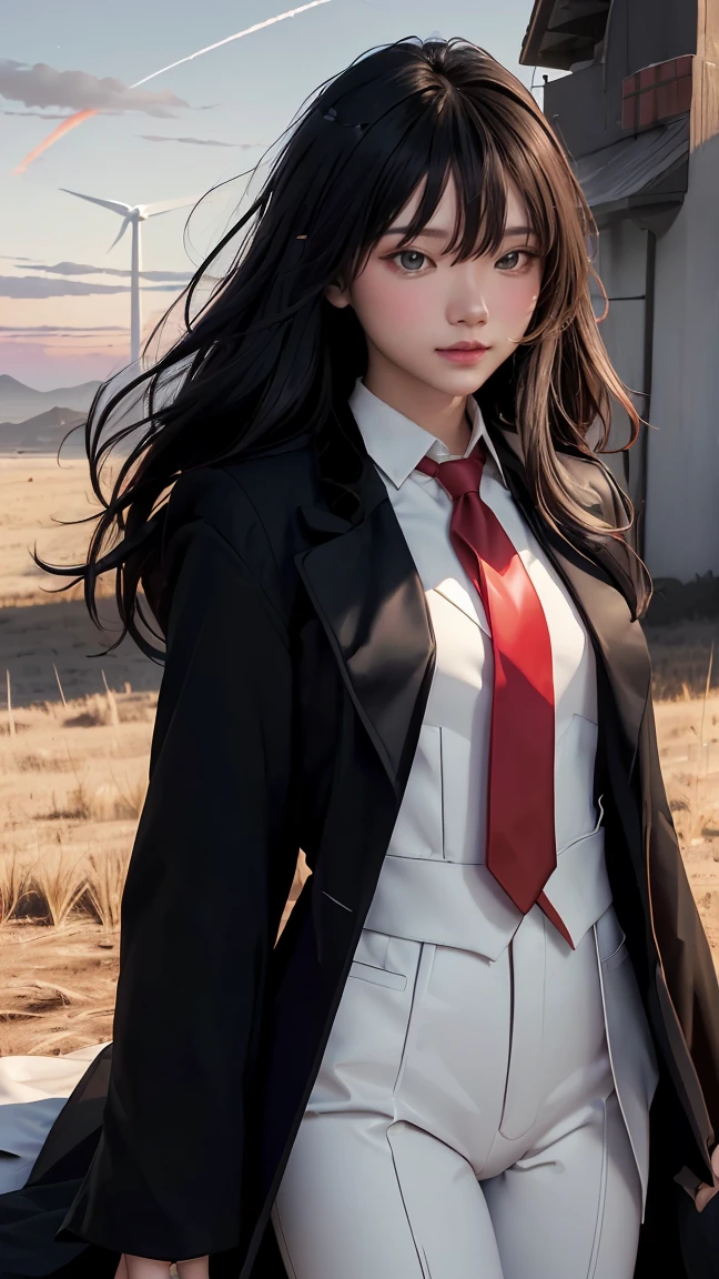 ((Masterpiece, best quality, very detailed), Volumetric light, surrounding occlusion, Rich and colorful, glow), 1 woman, lonely, young girl, (Black bangs), long hair, radius, wind energy, sacred, goddess, CEO vibe, (black coat, White suit with Red necktie:1.3), armor, outdoor, sunset, sky, cloud, space, (Fantasy Theme:1.2),