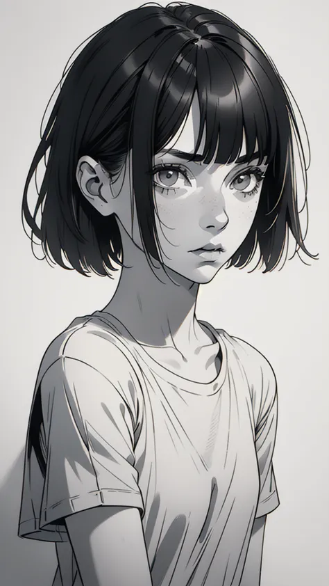 1 boyish girl, solo, sharp eyes, (monochrome), (greyscale), shoulder length black bangs hair, portrait, (blank normal white t-sh...