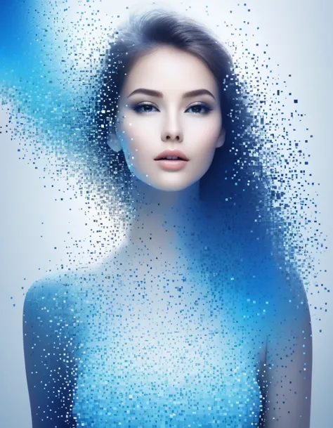 beautiful woman in blue gradient dissolving pixel wall&#39;of the head，3d voxel blocks，a structure that was initially intact but...