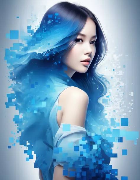 beautiful woman in blue gradient dissolving pixel wall&#39;of the head，3d voxel blocks，a structure that was initially intact but...