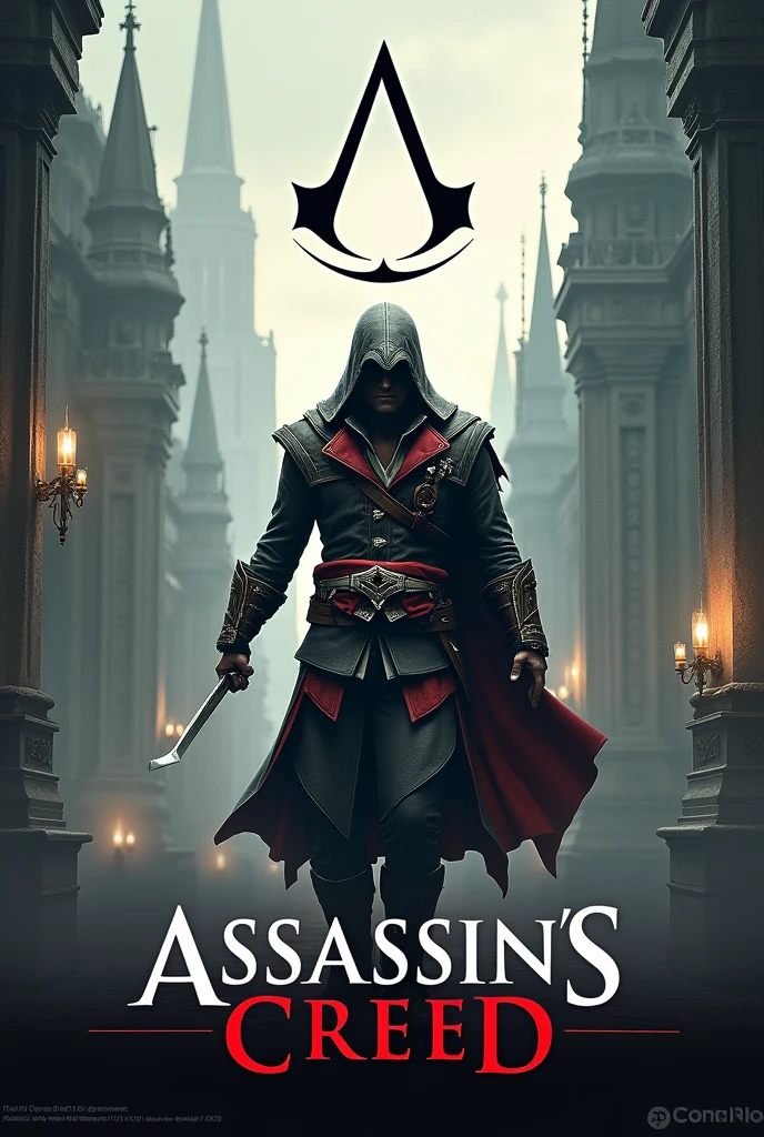 The title "ASSASSIN'S -CREED-" in large, poster, (masterpiece:1.2), best quality, high quality, Highres, (hyper detailed), detailed background, 