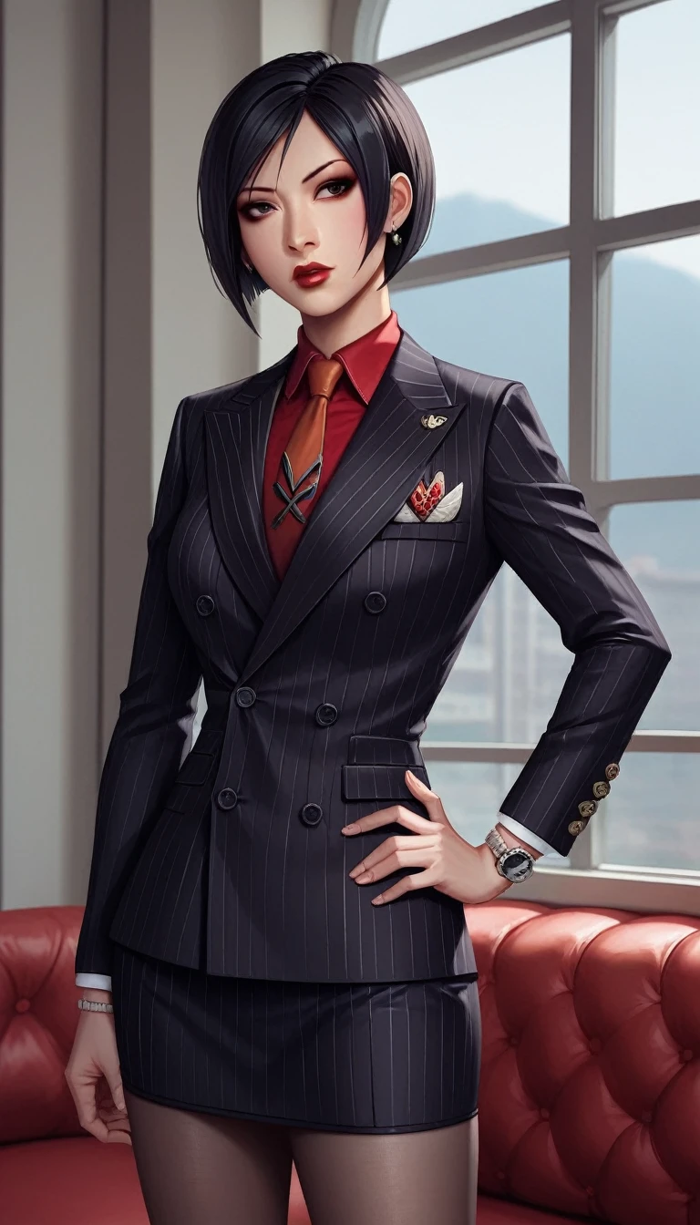 score_9, score_8_up, score_7_up, score_6_up, source_anime, double-breasted suits, 1girl, solo, asian woman, ada wong, black hair, short hair, formal, black pinstripe suit, (((red silk necktie))), earrings, jacket, shirt, standing, hand on hip, window, watch, black pinstripe jacket, wristwatch, red shirt, red lips, black pinstripe skirt, makeup, pantyhose, cufflinks, long necktie