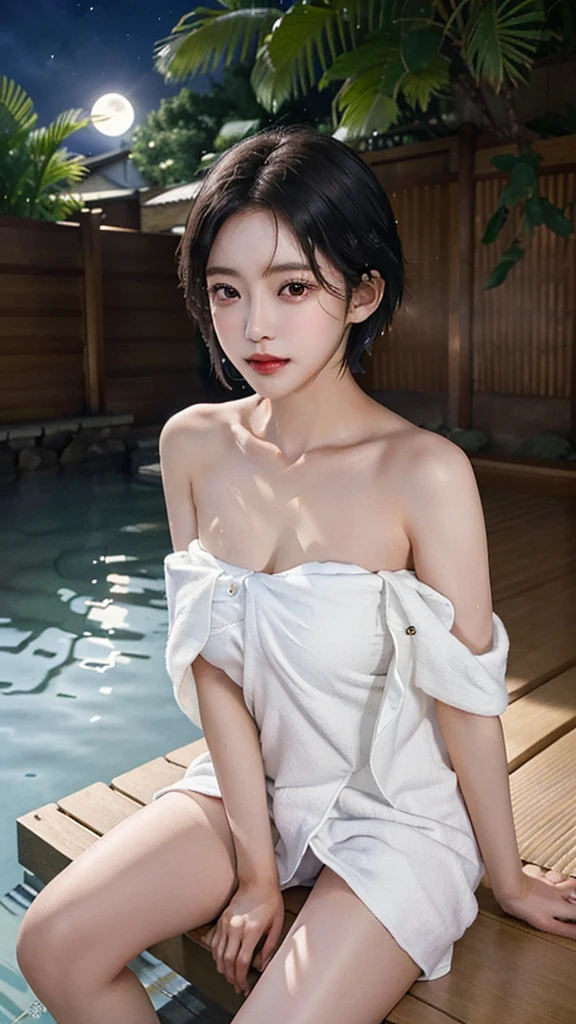 (highest quality、Tabletop、8k、Best image quality、Award-winning works)、One beautiful woman、(Naked with a bath towel wrapped around her:1.2)、(sitting with spreading legs  in the water at air ONSEN,outdoor ,moon at night:1.35)、The most natural and practical dressing room decoration、Clean and tidy changing rooms、(Holding your chest with your hands:1.1)、(No makeup:1.1)、(Wet shiny short hair:1.1)、(Wet, Dense short hair:1.1)、(Ultra-fine moisturized, Shiny skin:1.1)、(Ultra-fine, Lustrous and moisturized skin:1.1)、Upper body photo、Brightly lit face、Very bright、Ultra-high definition beauty face、Ultra high resolution perfect beautiful teeth、Ultra HD Hair、(Ultra-high definition wet and shiny skin:1.1)、Super high quality glossy lip、(Accurate anatomy:1.1)、Big Breasts、Cleavage、slender waist,Accentuate your body lines、look at me、(short:1.1)、(Droopy eyes, Natural Makeup、Ultra-high definition beauty face:1.25)、(Ultra high resolution perfect beautiful teeth, Mid-chest, Tight waist, smile:1.15)、Ultra HD Shining Eyes、Super high quaHigh resolution 16K human skin closeup。 The skin texture is natural、,Pores、It must be detailed enough to be easily identifiable.。 Skin should look healthy and have an even tone。 Use natural light and color,lity glossy lip