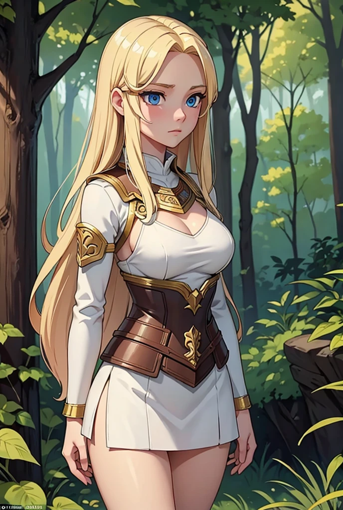 Masterpiece, Best Quality, Detail, A beautiful warrior breastplate long blonde hair blue eyes small breasts she walks through a forest to experience her first adventure 