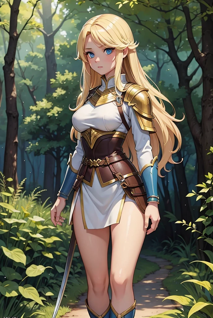 Masterpiece, Best Quality, Detail, A beautiful warrior breastplate long blonde hair blue eyes small breasts she walks through a forest to experience her first adventure 