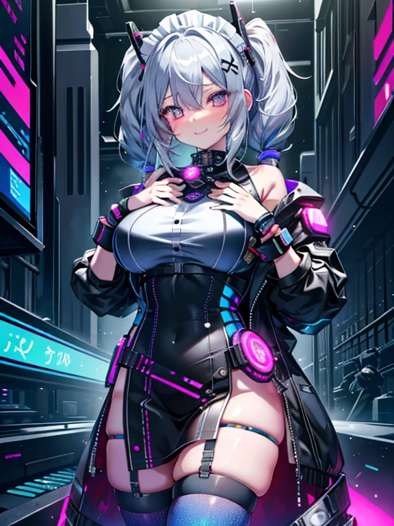 ((1girl)), (8k,16K,best quality,high-resolution,detailed fingers,detailed hands,detailed eyes,detailed legs:1.5), ((seductive smile),silver hair,Long twin tails,shiny hair:1.3), ((maid),(holographic dress),thigh highs,shiny:1.3), (heterochromia,(red eye,green eye)), ((huge breasts),beautiful breasts,curvy),  ((Late Night),Cyberpunk cityscape,Vibrant neon glow),(blush,nipple tweak)