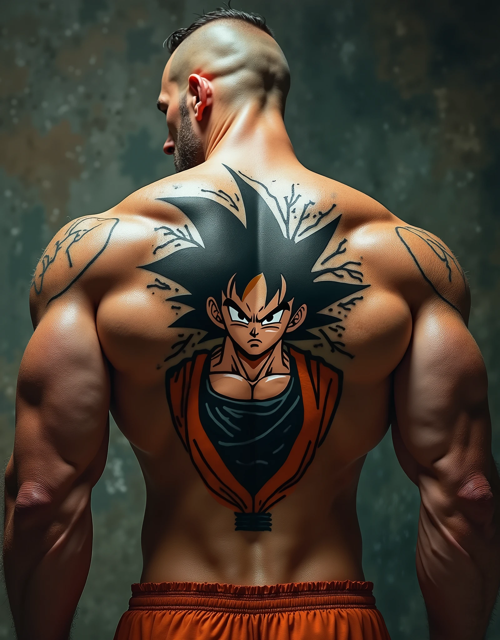 A muscular sallow man with son goku tattoo on his back,showing viewer son goku tatoo