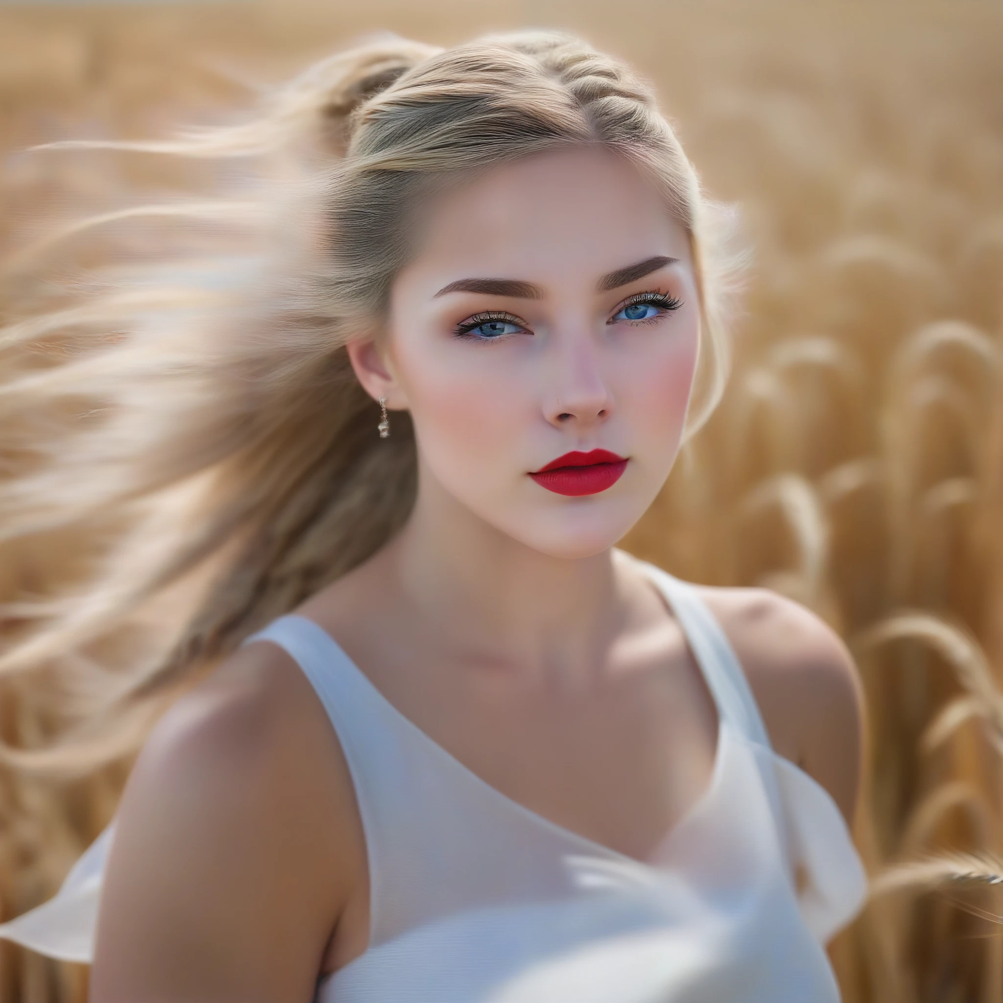 a young country girl standing in a wheat field, looking at the viewer from the side, with long blonde hair in a ponytail, beautiful blue eyes, red lips, and a sweet expression on her face. she is wearing a tight white dress that flutters in the wind, showing her medium-sized breasts. the background is blurred. (masterpiece:1.4), (best quality:1.4), ultra-high res, 8K, CG, (extremely delicate and beautiful:1.2), upper body, from side, looking at viewer, 1girl, solo, country girl, college aged girl, cute, sweet, in the wheat field, blurry background, long blonde hair, ponytail hair, blue eyes, closed mouth, red lips, face brushed by the wind, tight white dress, medium breasts