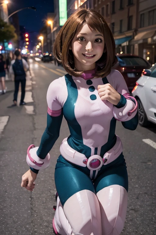 hyper realistic, cowboy shot, 1girl, ((levitating)), smile, teen, hands on fist, beautiful face, perfect, white skin, masterpiece, best quality, highres, short hair, modeling, natural pose, ochako, brown hair, on the city, superhero, bodysuit, boots, Classy elite girl, ochako, Ochako Uraraka from My Hero Academia, beautiful face, night,