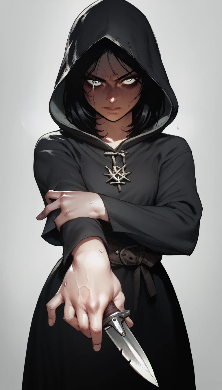 score_9, score_8_up, score_7_up, score_6_up, score_5_up, score_4_up, 1girl, solo, detailed face, black hair, dark hair, hooded black dress, knife in hand, gwentstyle,