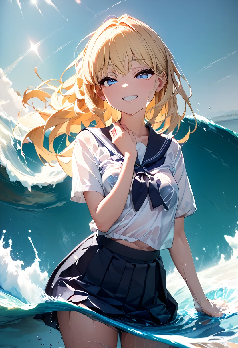 (8k, Highest quality, masterpiece: 1.2), Ultra-high resolution, 1 person, cute, Small breasts, solo, Highly detailed face, School Uniform, White blouse, Waiter Skirt, Calm skirt, Medium, Blonde, Blue Eyes, Ocean, Rough seas, Wavy, Water Play, splash, Childlike, Date, The best smile, soaked, 