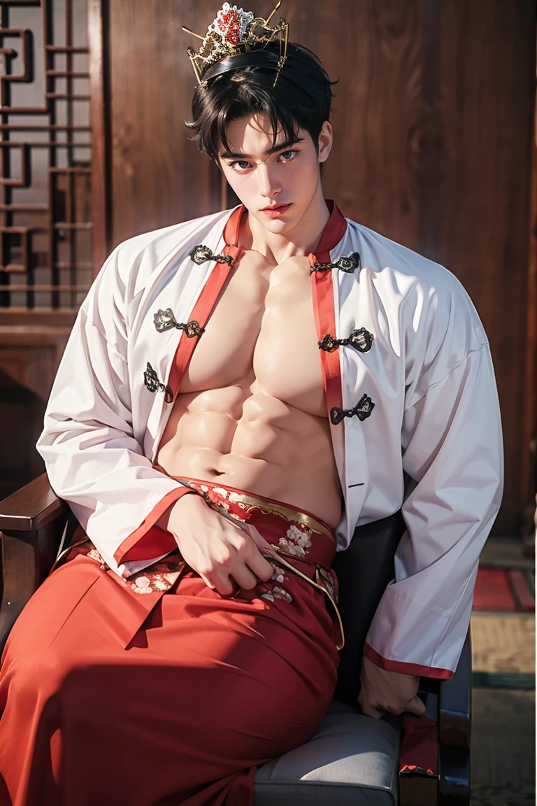 a male, big butt, big femini boobs , wearing a crown, filler-lips ,short black male style hair, wear Chinese clothes, sitting on chair, spring vibe
