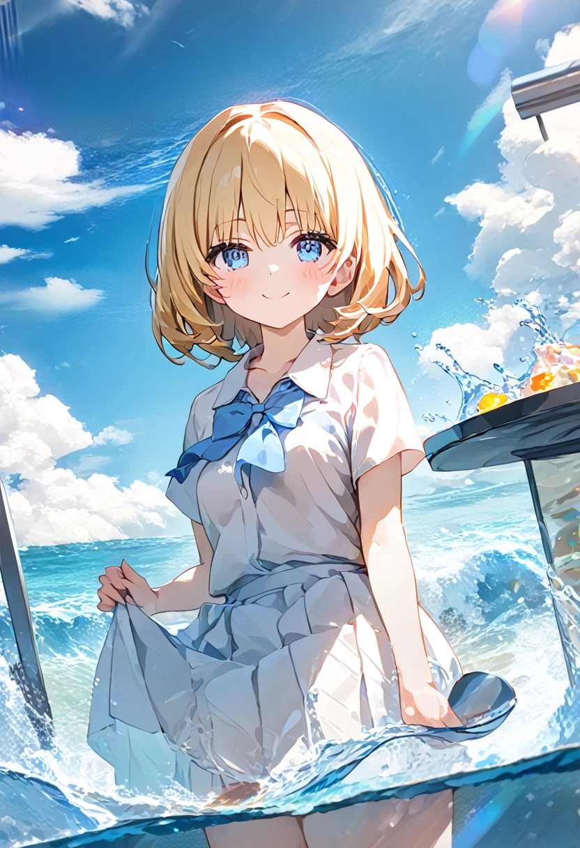 (8k, Highest quality, masterpiece: 1.2), Ultra-high resolution, 1 person, cute, Small breasts, solo, Highly detailed face, School Uniform, White blouse, Waiter Skirt, Calm skirt, Medium, Blonde, Blue Eyes, Ocean, Rough seas, Wavy, Water Play, splash, Childlike, Date, The best smile, soaked, 