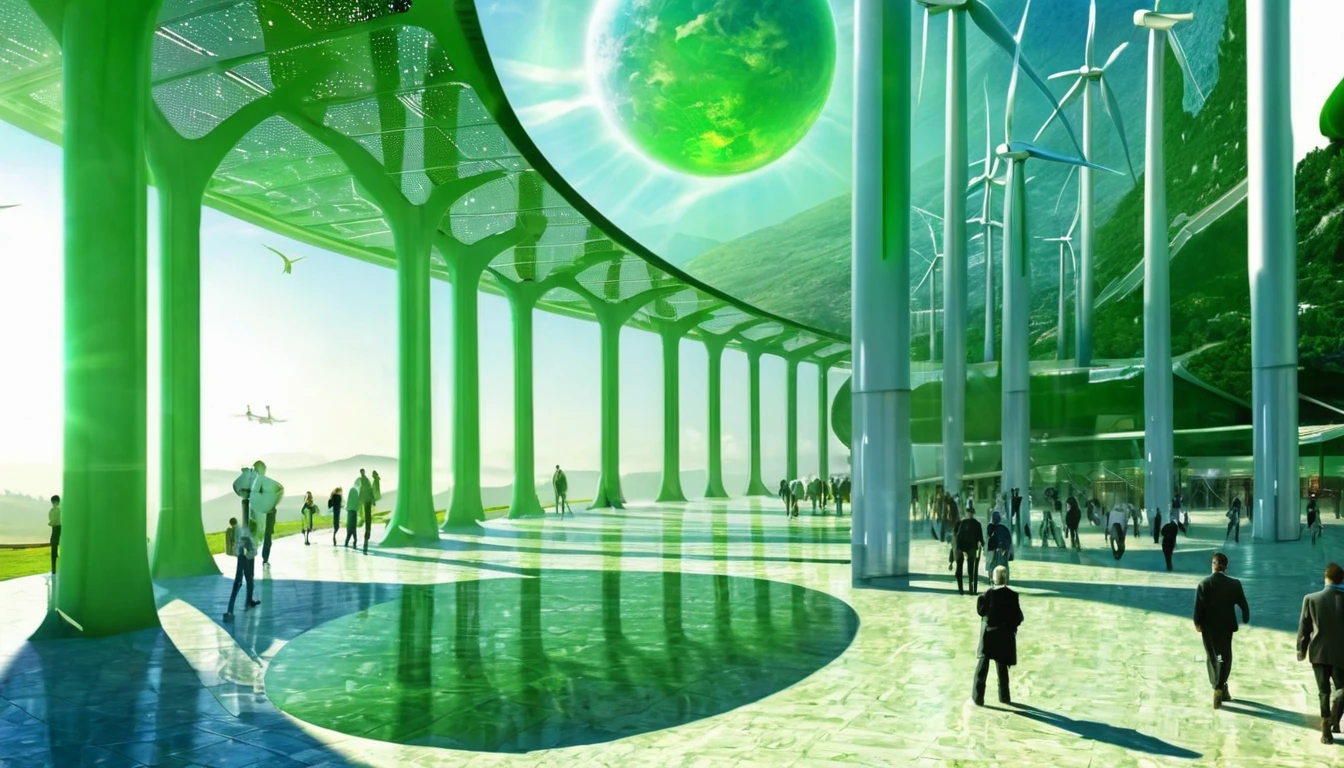 Green Technology,wind energy,Solar,Photovoltaic Technology,future technology,Sci-fi blockbuster,The sun is in the upper right corner,People walking in the middle,high quality