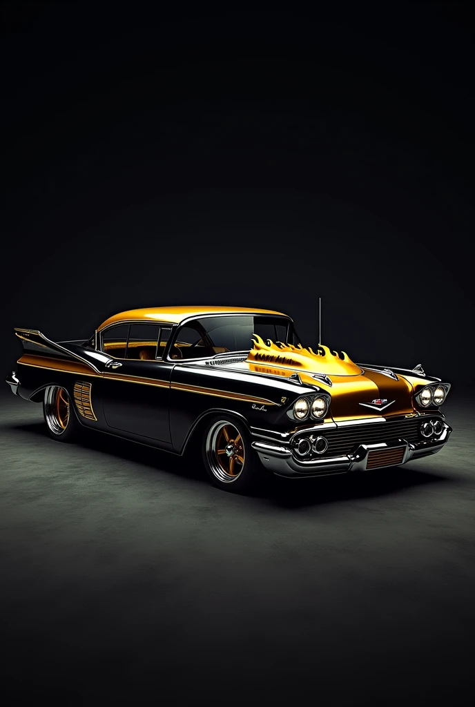 1959 Chevrolet Bel Air, star wheel, WIDE WHEEL, metallic black color, ILLUMINATED HEADLIGHTS, dark windows, details in gold, gold trim, sunroof, SIDE EXHAUSTS, FIRE DESIGN ON THE FRONT HOOD.