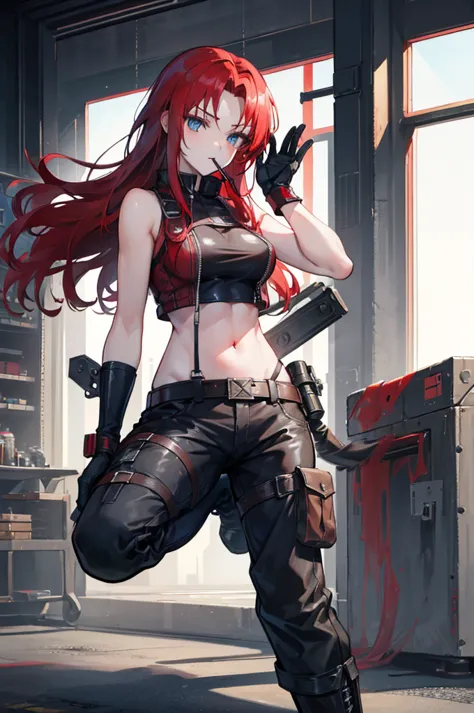 face_through_torso, 1girl, dieselpunk, long_hair(red_hair), blue_eyes, taciturn, experienced, welding_goggles_raised, lollipop_i...