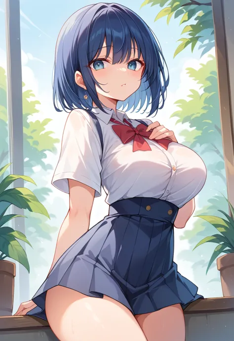 two-dimensional beauty、beautiful、woman with short dark blue hair、wearing a high school girl&#39;s uniform、shota&#39;s penis is o...