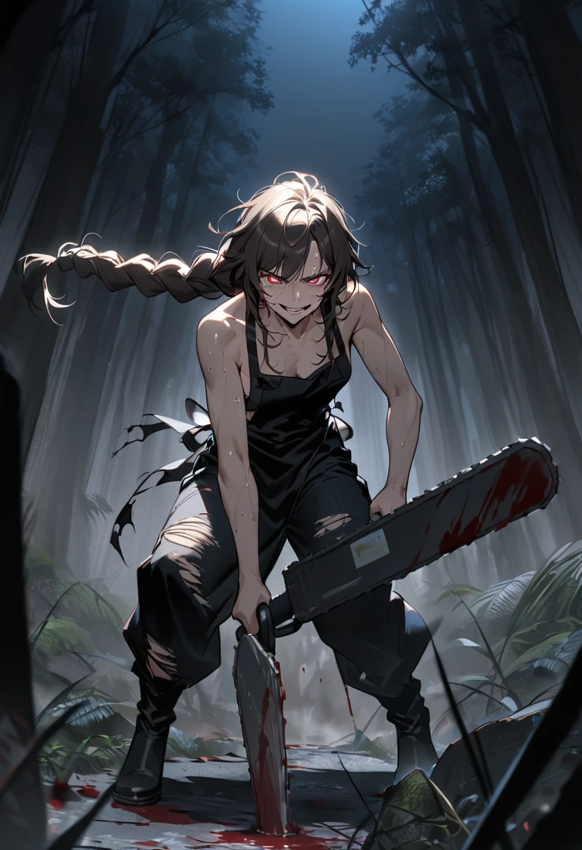 A mature woman surrounded by a forest, Dark brown messy hair in a long braid with sweaty perky bangs, Red eyes, has a simple rabbit mask on the side of his head, He wears a very long black industrial safety apron that reaches down to his feet., evil smile, holding a bloody chainsaw, ripped and torn baggy jeans, shirtless under the apron, dynamic pose, blood stained clothes, at night, dramatic blue light, black boots