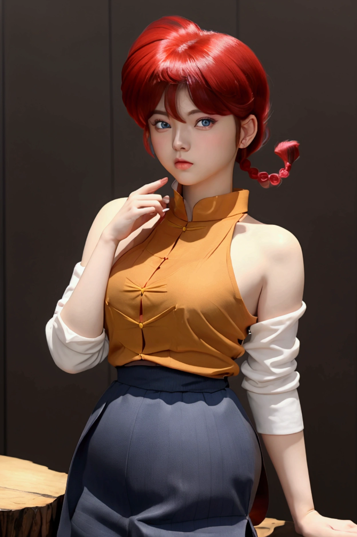 Create Female Ranma, make a girl,Clear contours, Color full-body photo, (beautiful and delicate eyes), (Nice face:1.3), childish face, Short red hair(single ponytail)， bumpy bangs, blue gray eyes, big eyes，plump breasts，top: Fitted white halter shirt,Bottom yellow fitted skirt(actual:1.2),   (actual上下身是:3.7 scale)，face to camera，Bend one foot slightly against the calf of the other leg。